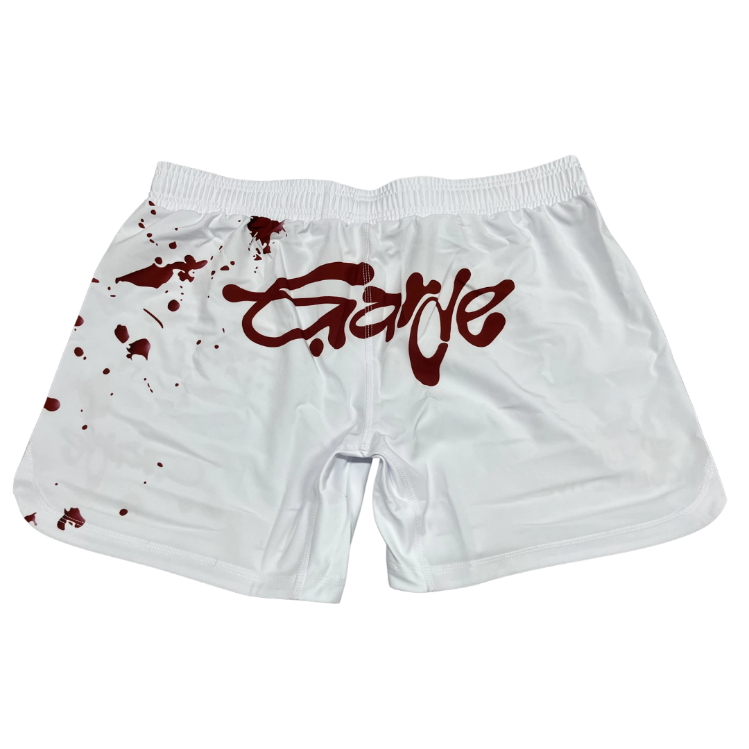 Garde Collective bloody design grappling shorts in red and white.