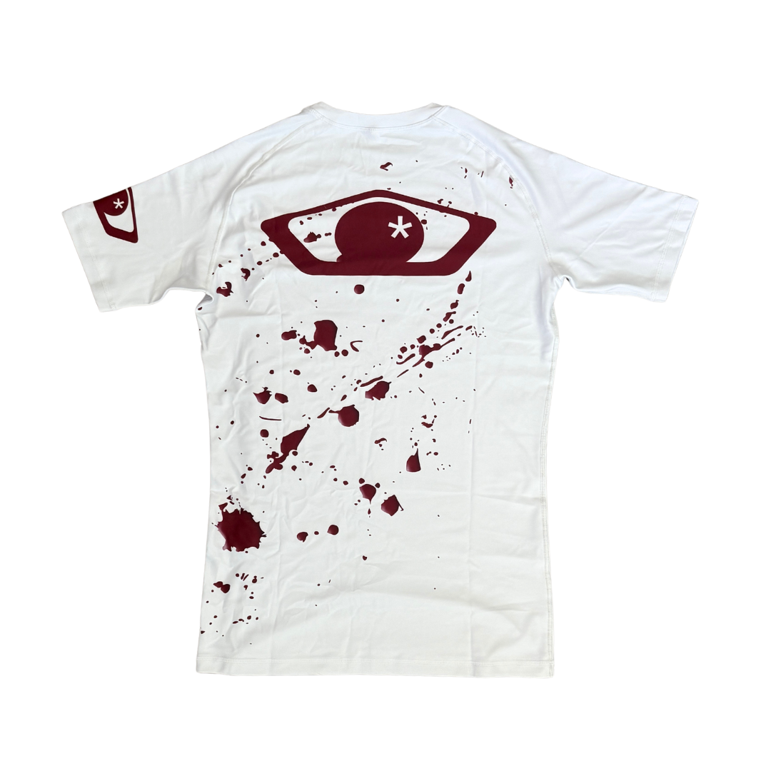 Garde Collective bloody design BJJ rashguard in red and white.