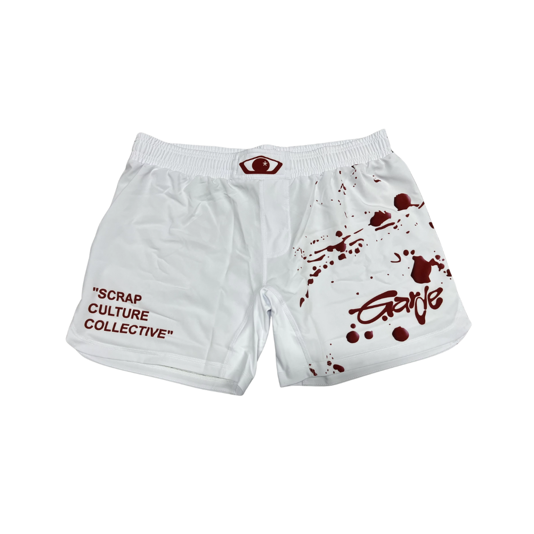 Garde Collective bloody design grappling shorts in red and white.