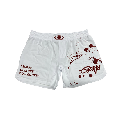 Garde Collective bloody design grappling shorts in red and white.