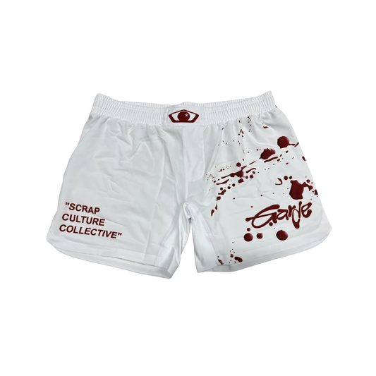 Garde Collective bloody design grappling shorts in red and white.
