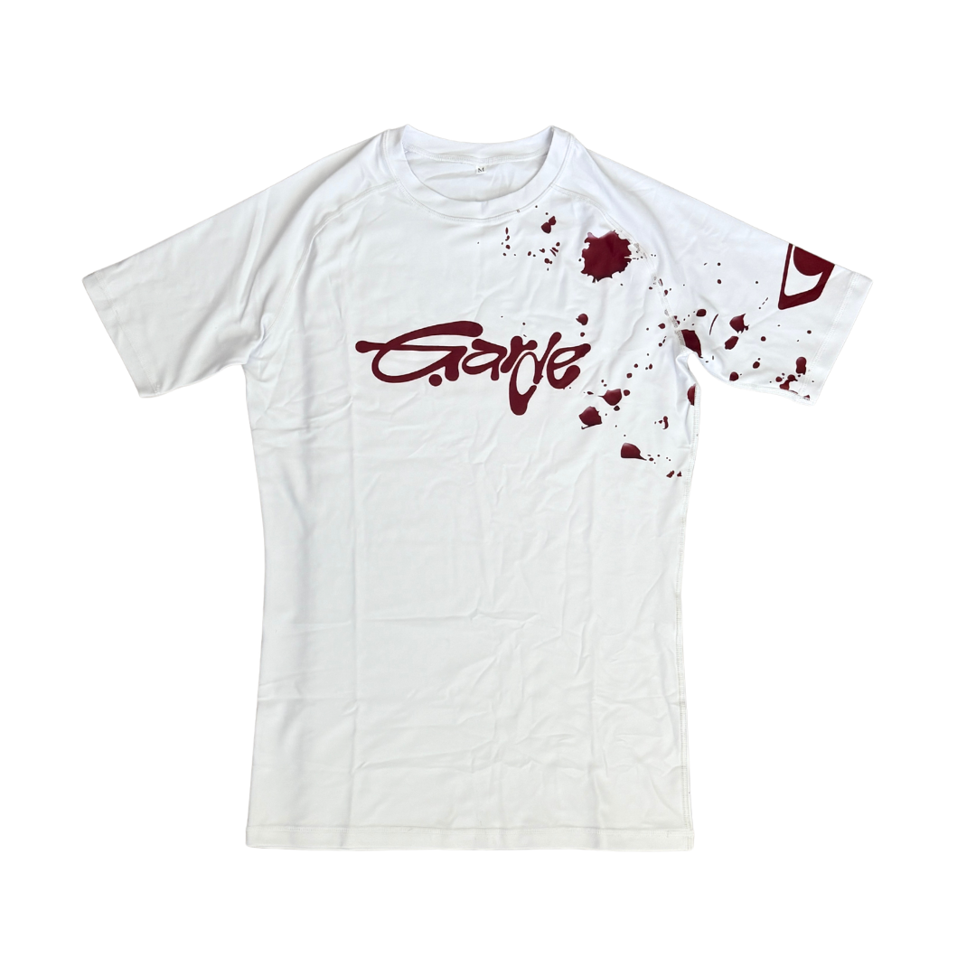 Garde Collective bloody design BJJ rashguard in red and white.