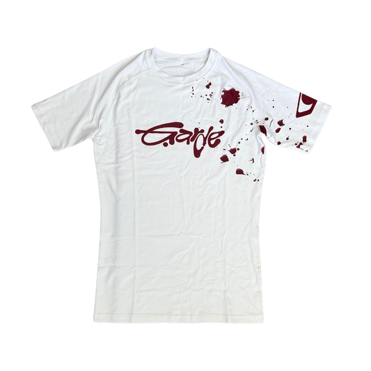 Garde Collective bloody design BJJ rashguard in red and white.