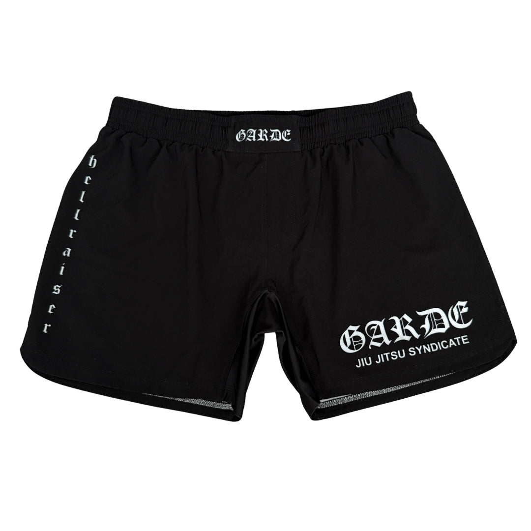 Garde Collective Chaos grappling shorts in black and white.