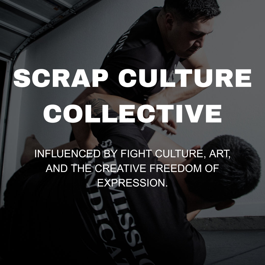 Garde Collective athletes training jiu jitsu in the garage wearing OG collection rashguard and grappling shorts. Brand motto and short description of brand identity overlayed in white text.
